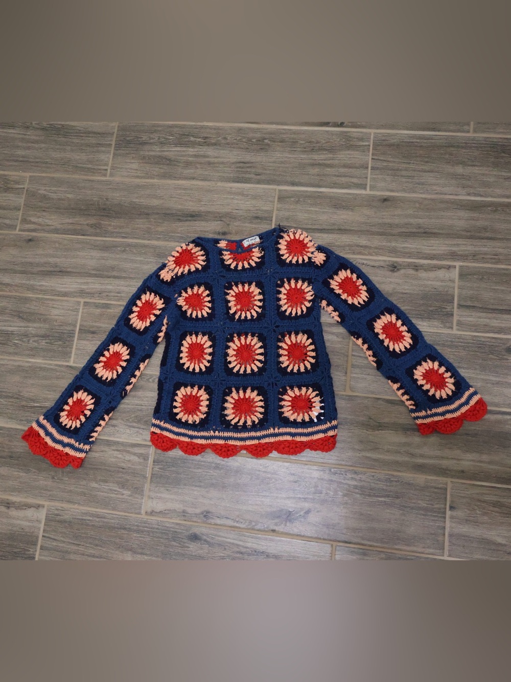 Handmade Navy Blue Crochet Flower Sweater - Red & Cream Accents